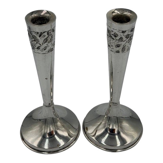 Art Nouveau Sterling Silver Candlesticks With Floral Relief Decoration - a Pair For Sale