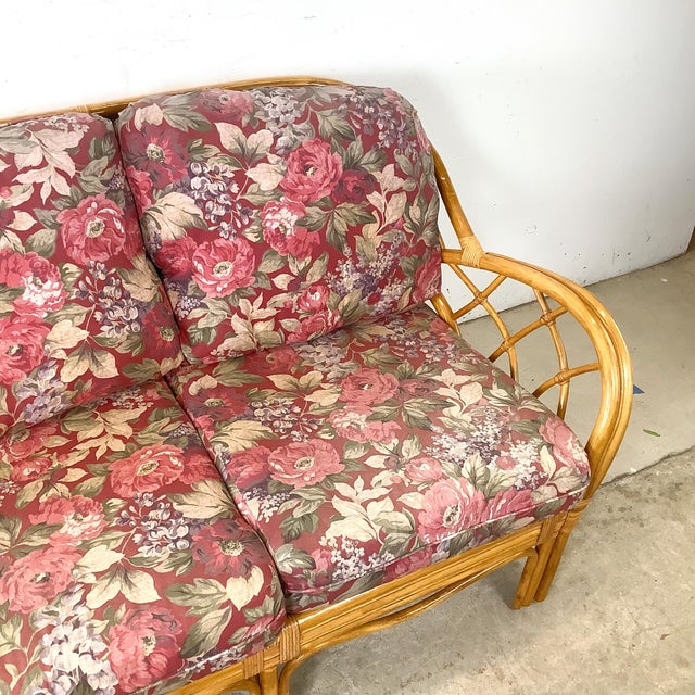 Vintage Palm Beach Style Rattan Sofa With Architectural Lattice Back For Sale - Image 4 of 18