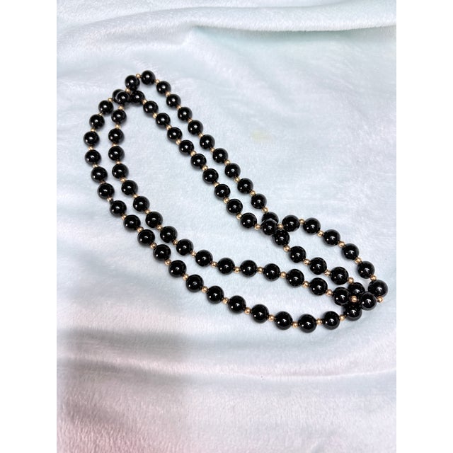 Vintage Opera Length Continuous Strand Onyx Bead Necklace With 14k Gold Spacers For Sale - Image 4 of 5