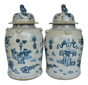 Contemporary Chinoiserie White & Blue Baluster Temple/Ginger Jars - a Pair