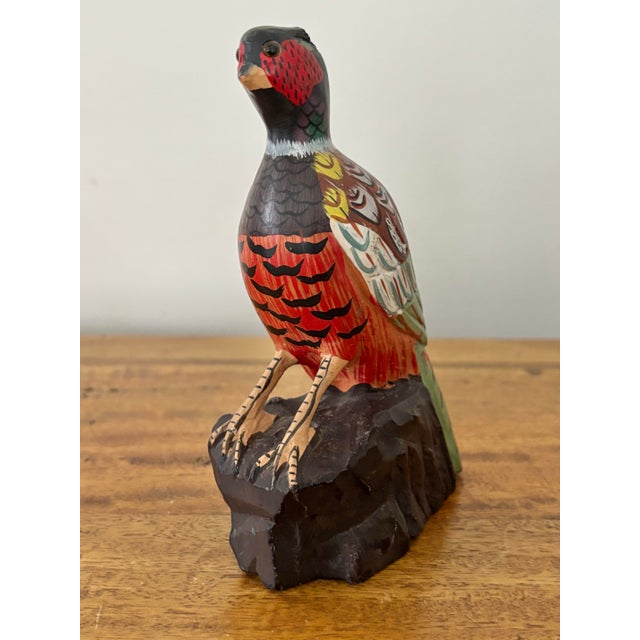 English Midcentury Handpainted Pheasant Stone Carving With Glass Eyes For Sale - Image 3 of 8