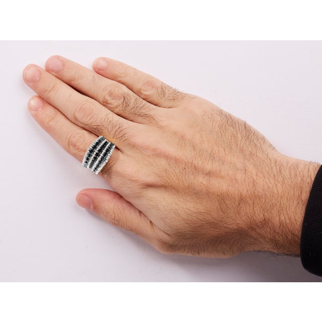 Early 21st Century 14K Yellow Gold Plated .925 Sterling Silver 1 3/4 Cttw Treated Black and White Alternating Diamond Multi Row Band Ring - Size 7 For Sale - Image 5 of 6