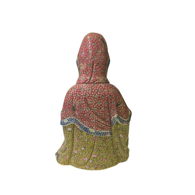 Chinese Vintage Chinese Fujian Multi Color Porcelain Kwan Yin W Kid Statue For Sale - Image 3 of 8