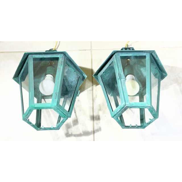 Hand-Crafted Vintage Solid Brass Hexagonal Hanging Lanterns, Usa For Sale - Image 11 of 16