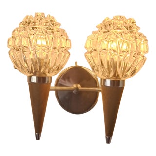 Double Wall Sconce in Molded Glass and Teak, 1960s For Sale