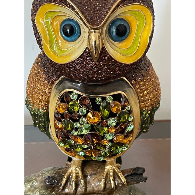 Shabby Chic Gorgeous 20 Th C Large Owl Figurine Polychrome Enamel With Swarovski Crystals For Sale - Image 3 of 4