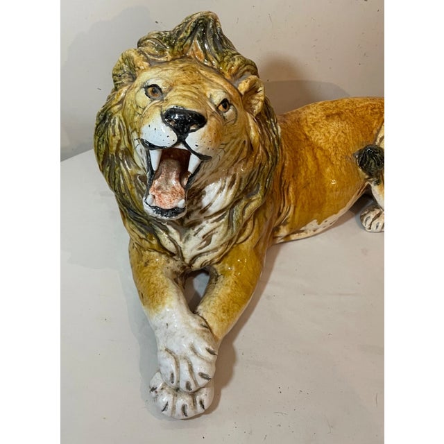 1930s Large Antique Handmade Terracotta Pottery Italian Lion Majolica Sculpture Statue For Sale - Image 5 of 16