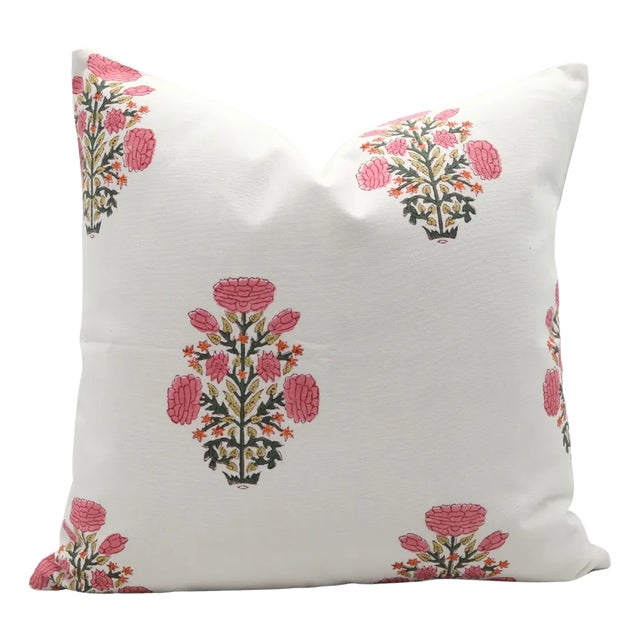 Block Printed Decorative Floral Pillow Cover 22x22 Inch- Swadesh For Sale