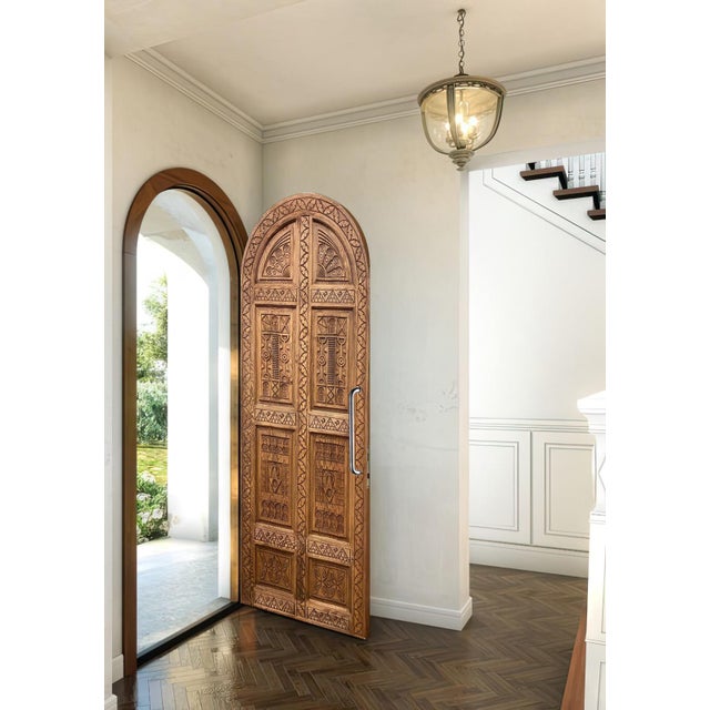 Not Yet Made - Made To Order Hand-Carved Solid Wood Arched Door – Tribal Geometric Mediterranean Design For Sale - Image 5 of 10