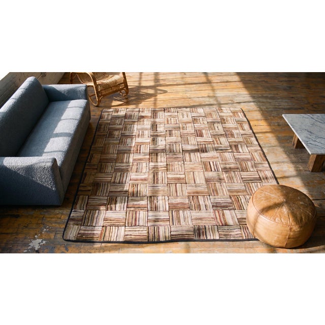 Beige 1880s Multi Brown Checkerboard Folk Art Antique American Hooked Rug 5'8" X 7'5" Hand Knotted Wool Carpet For Sale - Image 8 of 9