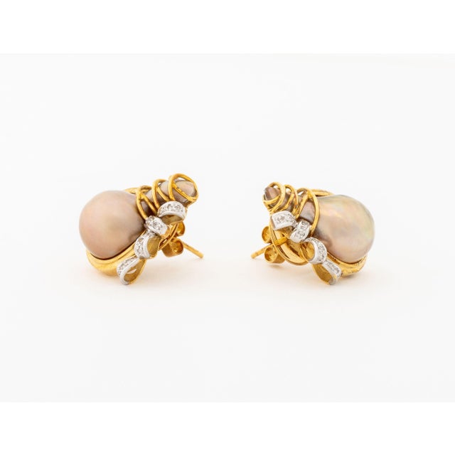 Late 20th Century Two-Tone Gold, Diamond, and Pearl Earrings For Sale - Image 5 of 7