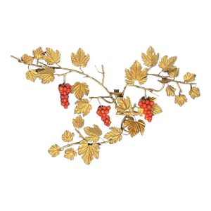 Vintage Italian Gilt Metal Wall Mount Candelabra Foliage & Red Grape Bunches, Circa 60s 70s