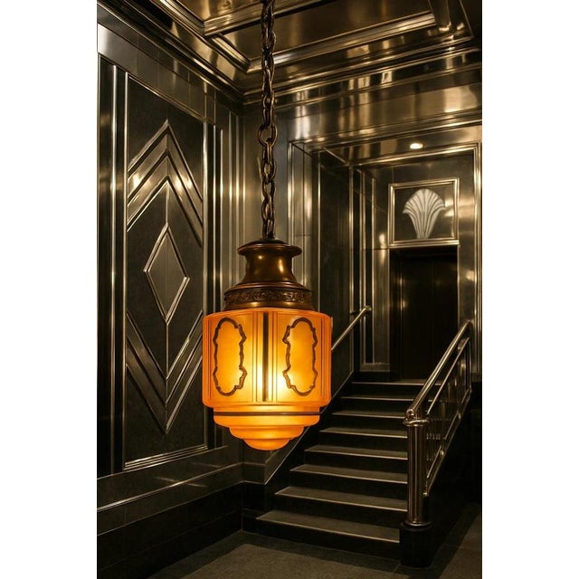 Antique Art Nouveau Flame Glass and Bronze Pendant Light, 1910 For Sale - Image 6 of 18