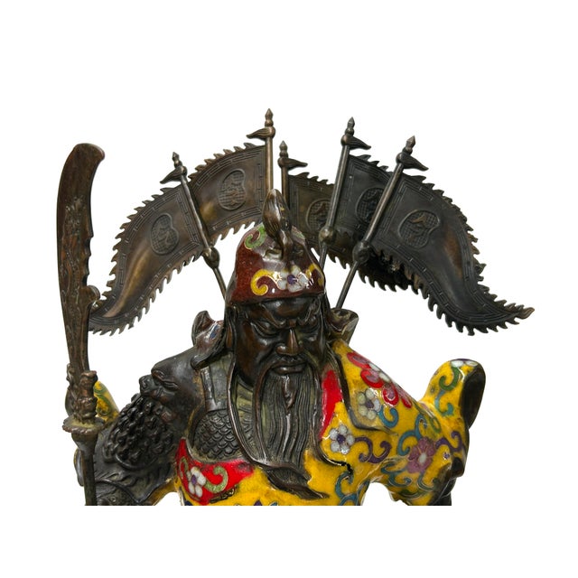 Vintage Cloisonne Yellow Enamel General Guan Yu Warrior Metal Statue For Sale In San Francisco - Image 6 of 18