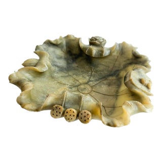 Vintage Hand Carved Soapstone Lotus Leaf Bowl With Floral Motifs For Sale