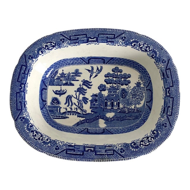 Antique English Blue Willow Serving Bowl For Sale