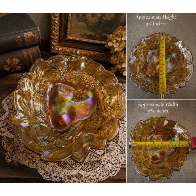 Vintage Iridescent Amber Carnival Glass Grape & Leaf Ruffled Bowl 7.75" Floral For Sale In Sacramento - Image 6 of 10