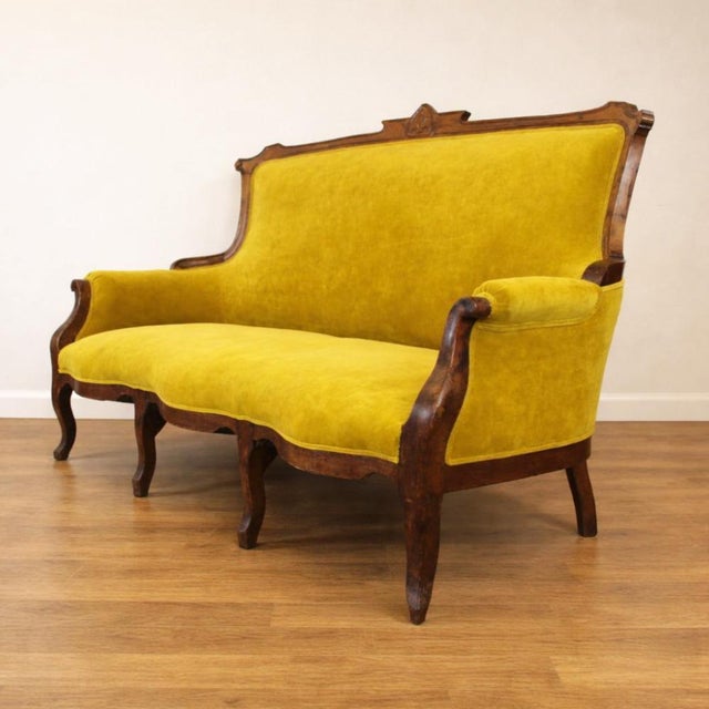 Art Nouveau Walnut and Velvet Sofa, Spain, Early 20th Century For Sale - Image 3 of 10