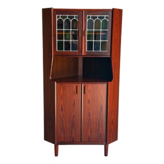 Rosewood Corner Cabinet With Stained Glass Storage Hutch Danish Mid-Century Modern 1960s For Sale