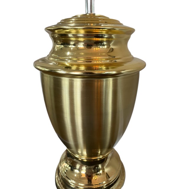 Late 20th Century Late 20th Century Extra Large Brass Urn Lamps With Navy Pleated Shades - a Pair For Sale - Image 5 of 11