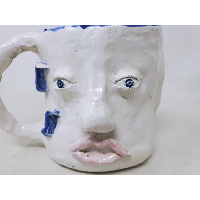 White 2010s Handcrafted Decorative Mug - Faces on 2 Sides - Blue Eyes and Green Eyes - Ooak For Sale - Image 8 of 18