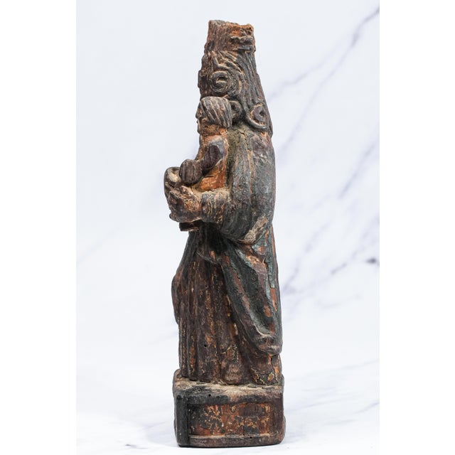 Carved Wood Madonna With Child Painted Polychrome Santos Statue Sculpture For Sale - Image 13 of 14