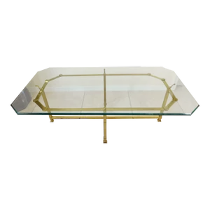 Vintage Mid Century Figural Bird Brass & Thick Beveled Glass Top Coffee Table