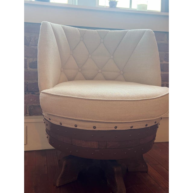 Rustic Swivel Barrel Accent Chair | Tufted Upholstery | Wine Barrel Style For Sale - Image 4 of 8
