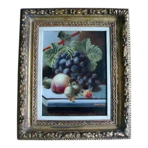 19th Century Oliver Clare Still Life Oil Painting on Board of Fruit and Grapes