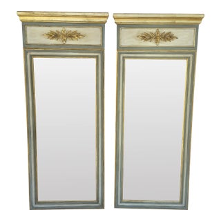 Vintage Mid-Century Newly Painted Pale Blue Hand Gilt Gustavian Swedish Louis XVI Style Trumeau Wall Mirrors - A Pair For Sale