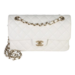 White Quilted Caviar Small Classic Double Flap Bag For Sale