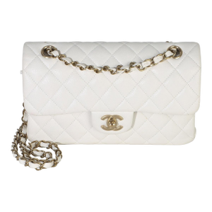 White Quilted Caviar Small Classic Double Flap Bag