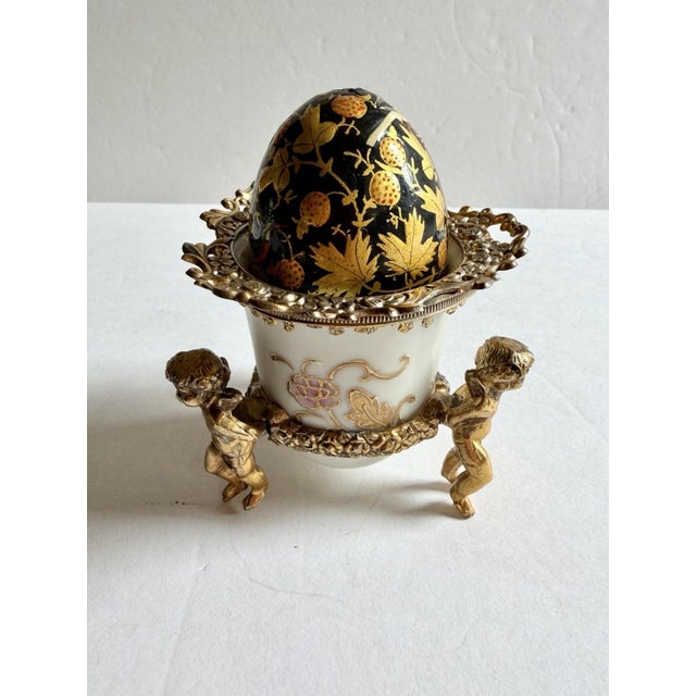 Asian Lovely Vintage Egg w/Painted Enamel Birds In Porcelain Dish & Brass Cherub Stand For Sale - Image 3 of 17