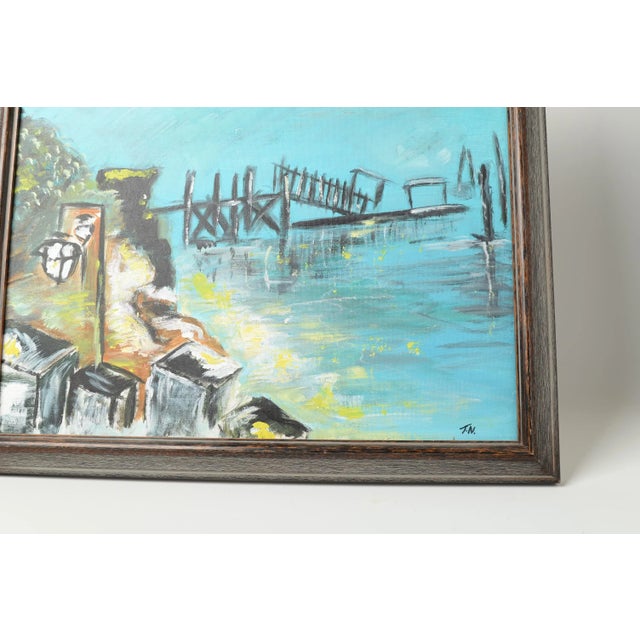 Mid 20th Century Abstract Acrylic Painting of a Pier, Framed Signed For Sale - Image 4 of 6