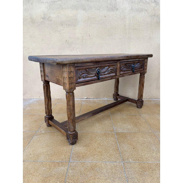 Brown Spanish Walnut Console Table with Carved Drawers, 1920 For Sale - Image 8 of 12
