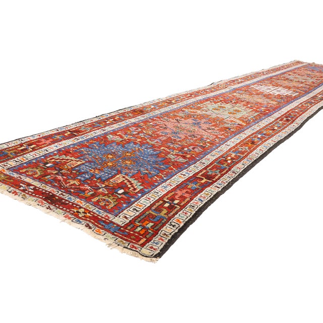 79583 Antique Persian Heriz Rug, 02'11 x 15'02. The Tribal Axis: Late 19th Century Persian Heriz Masterpiece of Eternal...