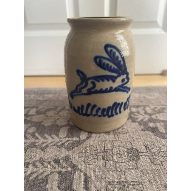 Vintage Stoneware Pottery Jar Crock Salt Glaze Cobalt Blue Bunny Rabbit ...