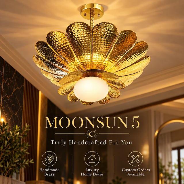 Handmade Brass Flower Chandelier, Hammered Lotus Ceiling Light, Antique Brass Floral Pendant, Art Deco Luxury Ceiling Fixture 28 Inches For Sale - Image 14 of 14