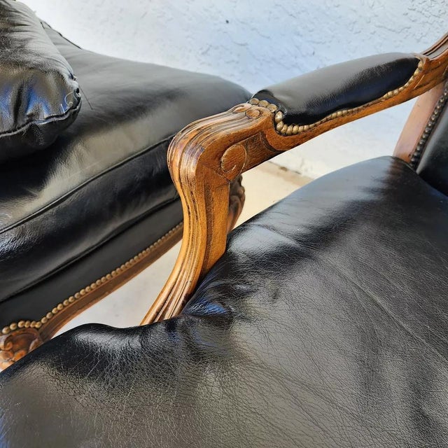 Black Vintage Chateau Dax French Provincial Leather Chair & Ottoman For Sale - Image 8 of 12