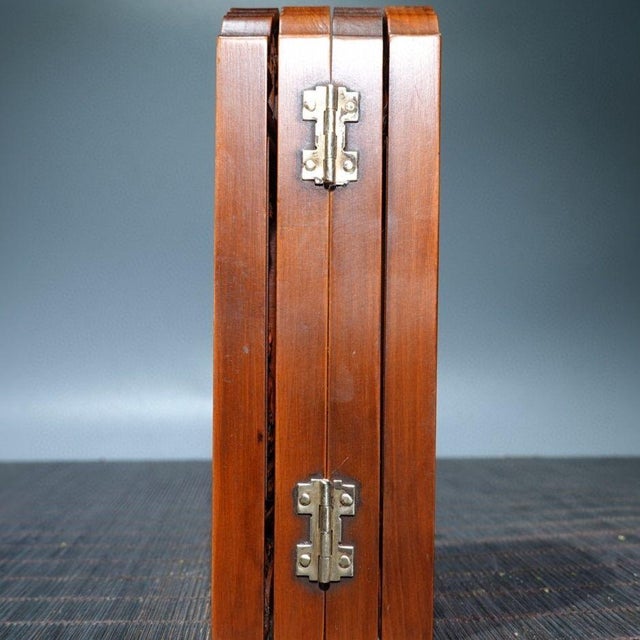 Amber Vintage Carved Boxwood Four-Panel Miniature Folding Screen - Deities & Calligraphy For Sale - Image 8 of 9