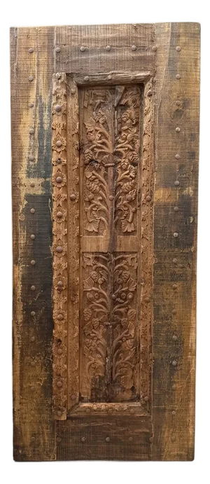 Antique Indian Teak Wood Door Panel With Hand-Carved Tree of Life