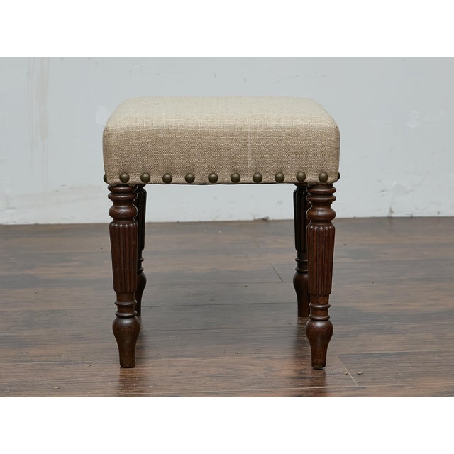Brown English Mahogany 19th Century Stool with Turned Legs and Custom Linen Upholstery For Sale - Image 8 of 12