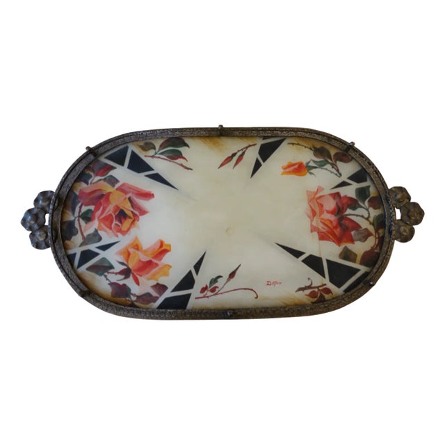 Art Deco Wrought Iron and Painted Glass Centerpiece, 1930s For Sale