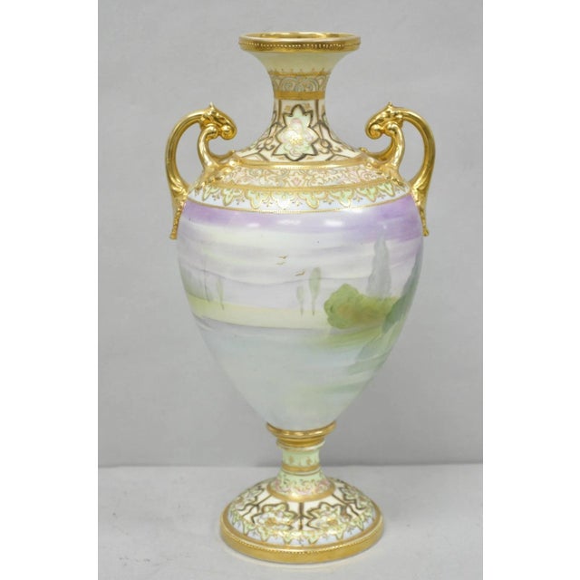 Antique Nippon Hand Painted Cottage Lake Porcelain Twin Handle Bolted Urn Vase For Sale - Image 12 of 17