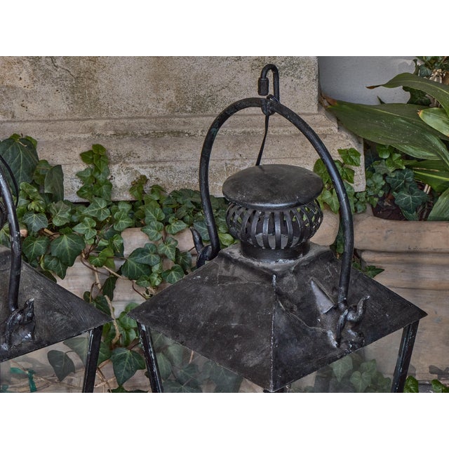 Mid 20th Century English Country House Iron Lanterns with Glass Panels, Unwired - a Pair For Sale In Atlanta - Image 6 of 8