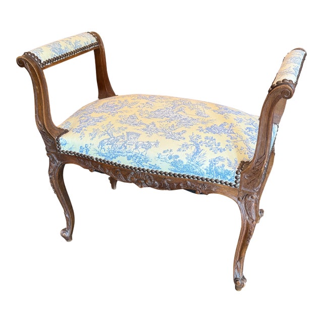 Vintage French Louis XV Style Toile De Jouy Carved Window Bench For Sale