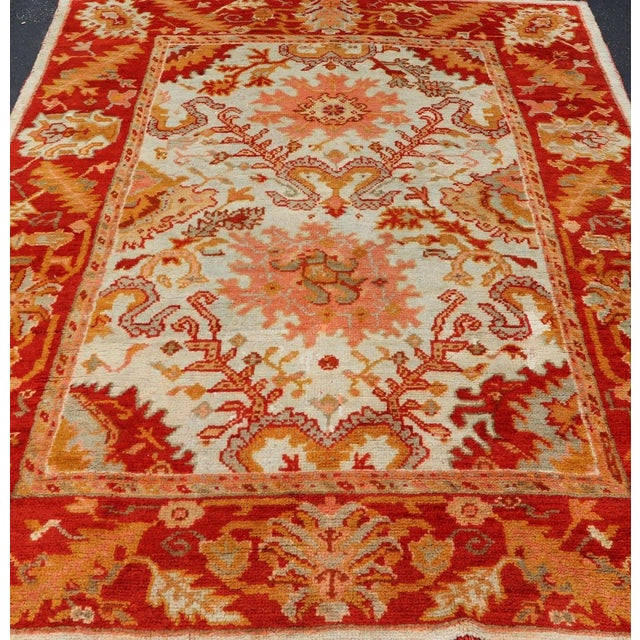 Textile Antique Turkish Oushak With Elegant Motifs in Red, Ivory, Gold and Salmon Pink 7 X 9'8 For Sale - Image 7 of 15