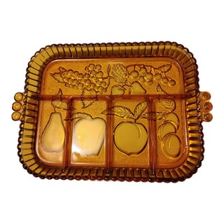 Vintage 1960s Indiana Glass Co 5 Part Dived Amber Glass Serving Tray For Sale