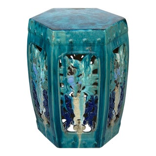 Hexagon Turquoise Open Window Flower Motif Clay Garden Stool Table For Sale