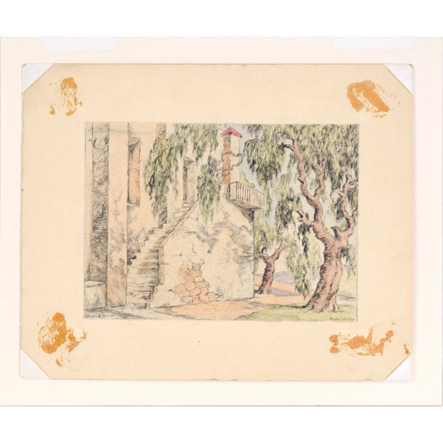 Delicate and detailed etching by Orpha Klinker (American, 1891-1964). At the edge of an old Adobe building, a staircase...